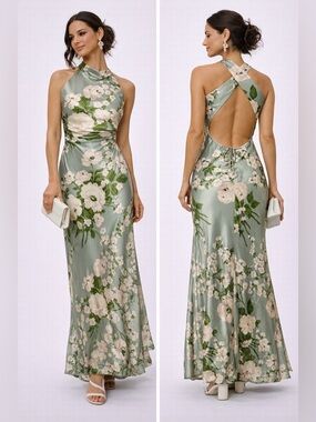 Reformation 100% Silk Floral Halter Maxi Dress Sage Green Open Back Luxury Sz 0